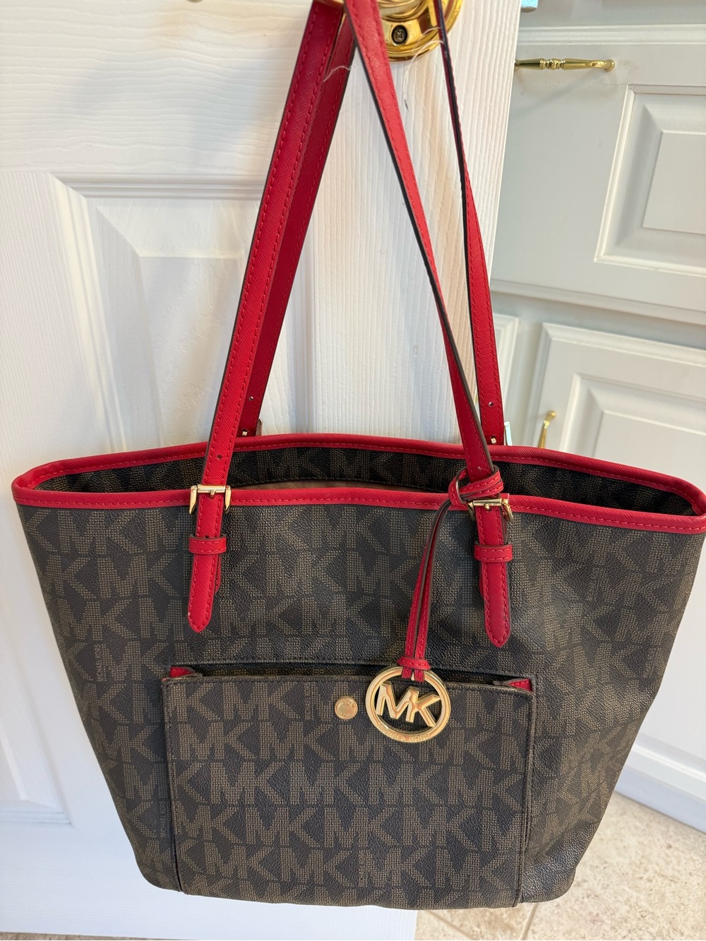 Michael Kors Brown MK Logo Tote with Red Trim